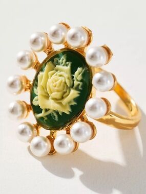 Anthropologie 14k Gold Plated Green Cameo Floral Cocktail Ring